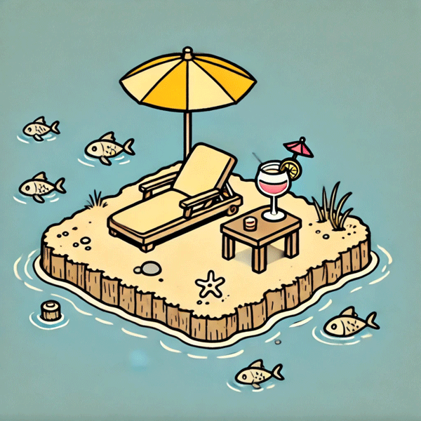Der Platzhalter zeigt eine kleine Insel im Wasser mit Sonnenschirm, Liegestuhl und Cocktail